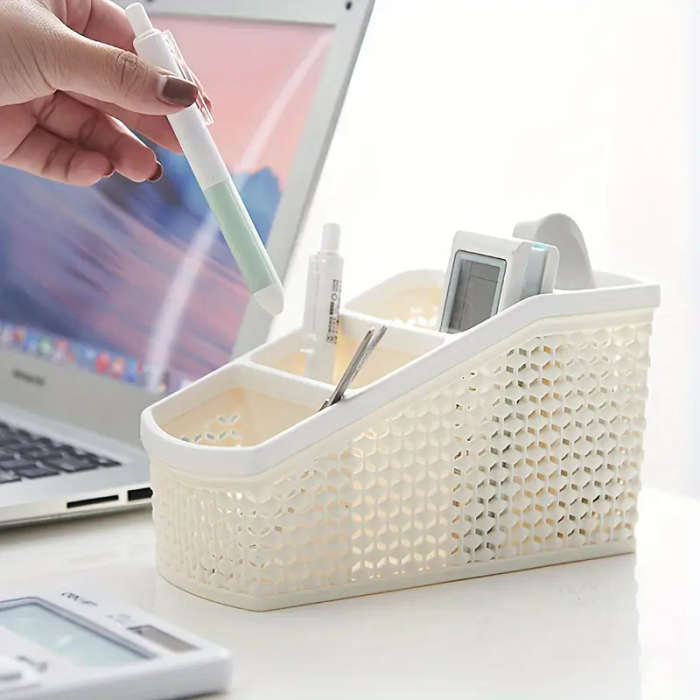 1pc Multi-Compartment Desk Organizer Durable Plastic Storage Rack with Layered Slope Design for Effi