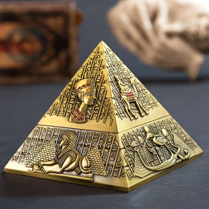 1pc Vintage Egyptian Pharaoh Metal Pyramid Ashtray Triangular Hieroglyphic Design with Lion