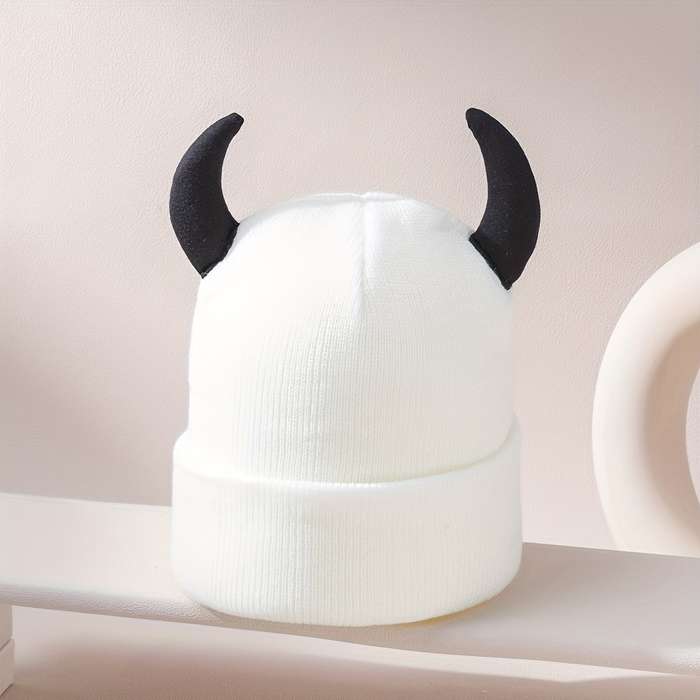 1pc Playful Design Trendy Knit Beanie with Cute Horns Soft Acrylic Elastic Fit Lightweight W