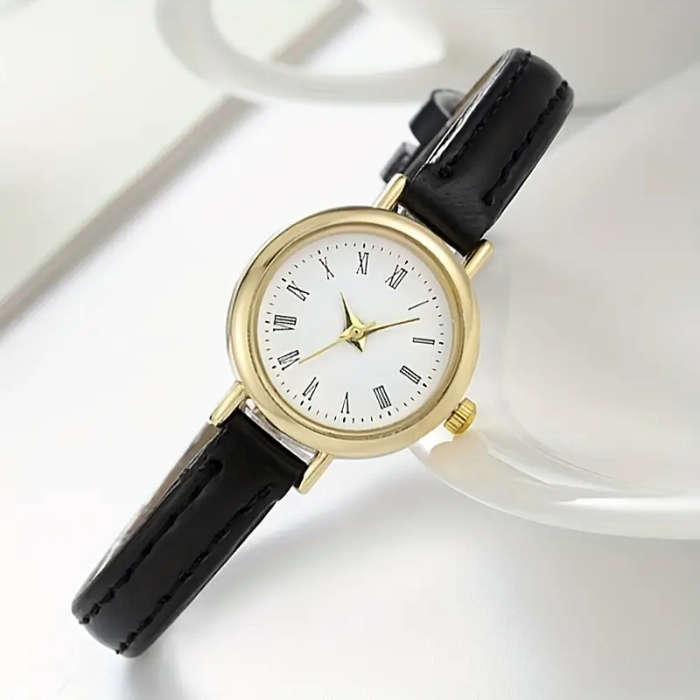 Retro Rome Fashion Analog PU Leather Wrist Watch - Black