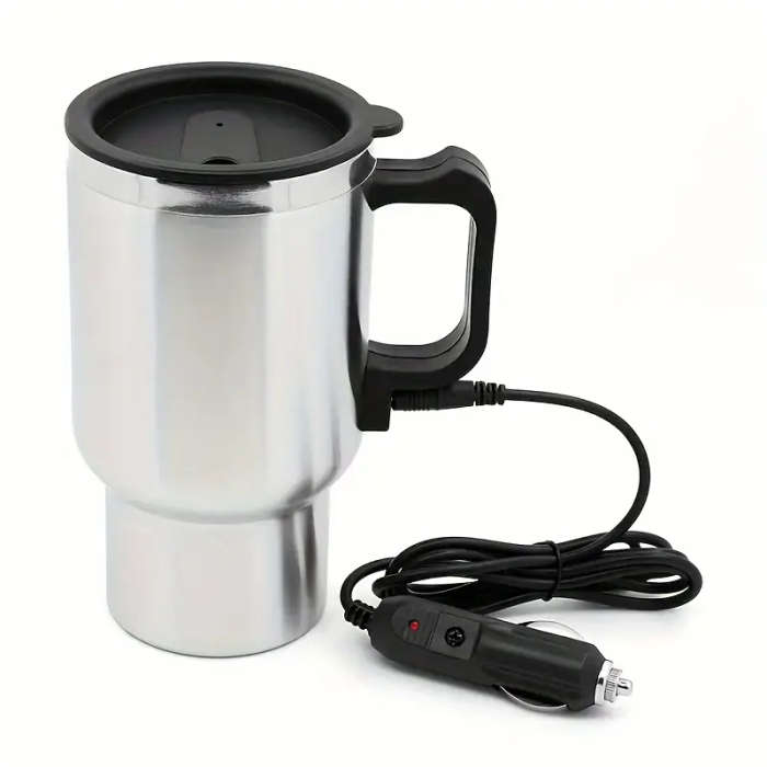 1pc Durable Stainless Steel Car Electric Heating Cup with Black Handle and Lid 12V/24V