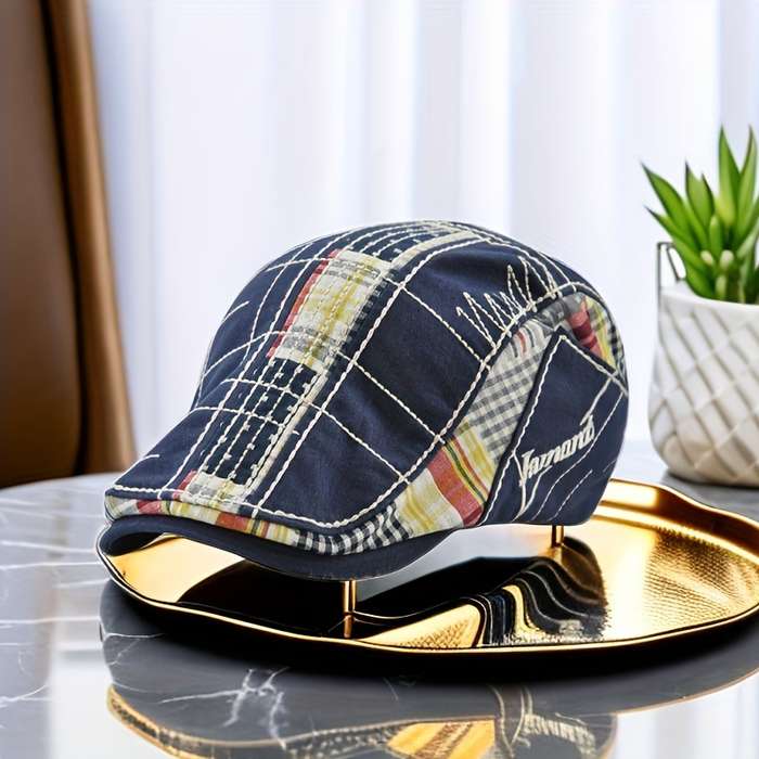 1pc Casual Plaid Stitching Irregular Embroidery Beret For Outdoor Sunshade Hat Christmas Gift