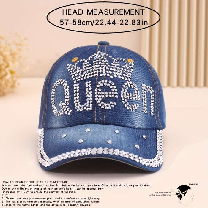 1pc Adjustable Women's Denim Baseball Cap with Sparkling QUEEN Rhinestone Crown Design Lightwei