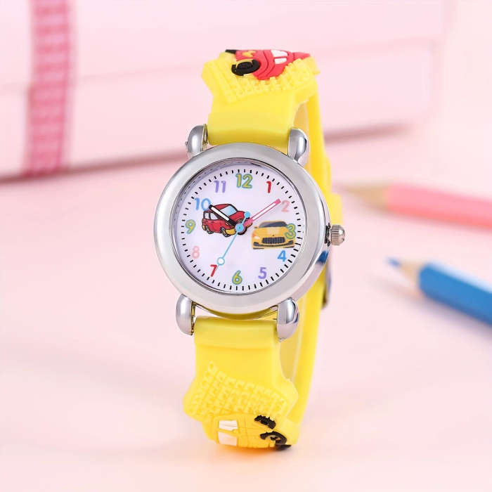 1pc Boys Girls Teen Cute Car Print Round Dial Quartz Watch For Gift Daily Life Color sent randomly