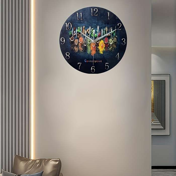 1pc Constantplanet 12-Inch Luxury Tempered Glass Wall Clock with Vibrant Condiment Design Silent