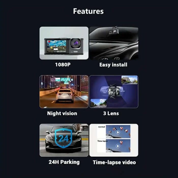 3 channel dash cam front and rear inside 1080p dash cam ir night vision loop recording car dvr camera 3 lens with 2 inch ips screen 3 cameras car dashcam car black box recording at same time wide angle dashboard camera recorder details 5