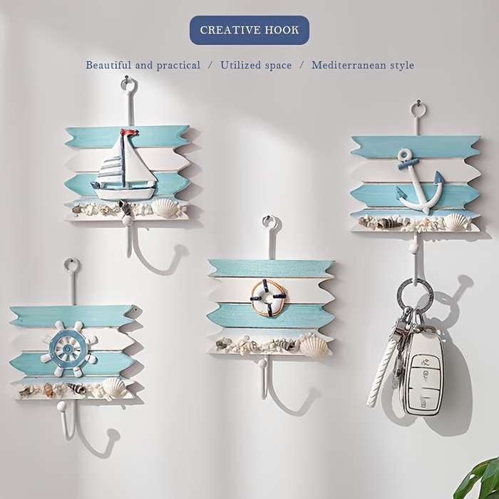 1pc Nautical Wooden Key HookWall Mounted Storage Organizer with Easy InstallMulti-functional H