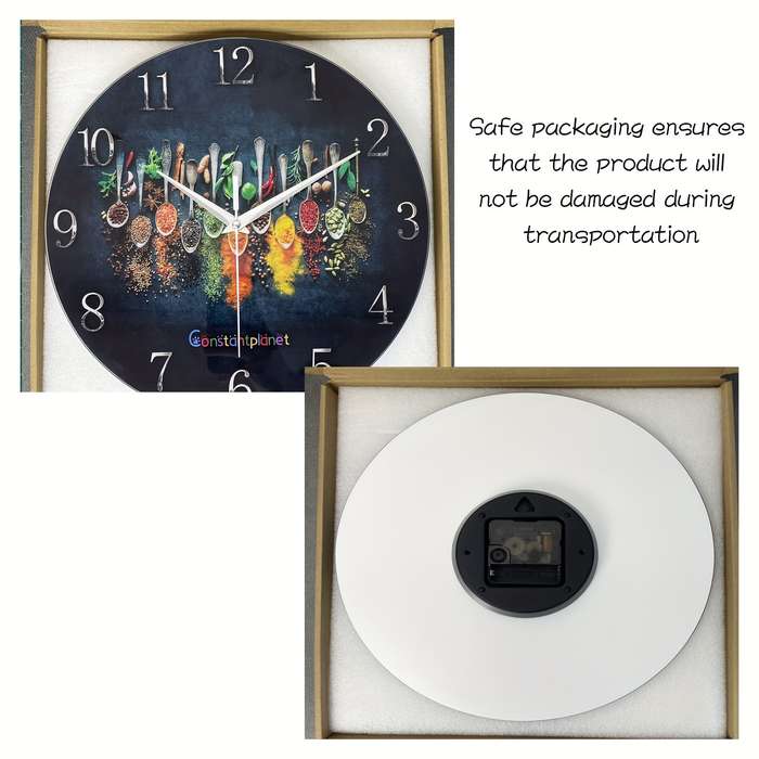 1pc Constantplanet 12-Inch Luxury Tempered Glass Wall Clock with Vibrant Condiment Design Silent
