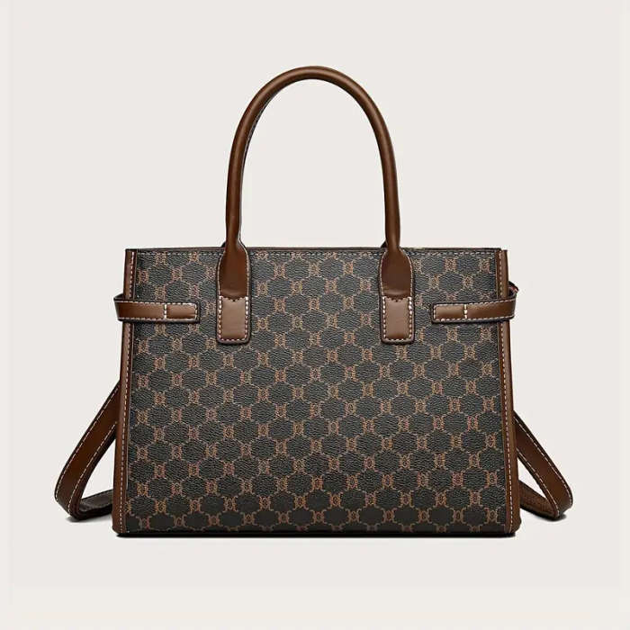 3 Pcs Classic Elegant Bag Set Retro Geometric Pattern Tote Bag With Scarf Decor Buckle Decor Square