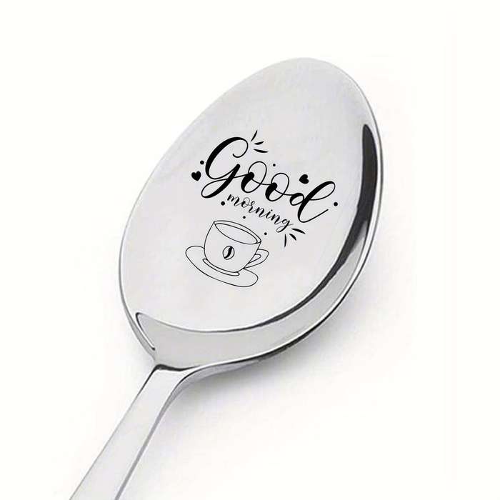 1pc Good Morning And TeaCup Engraved SpoonSpecial Design For Tea HouseHousehold Use Gift F