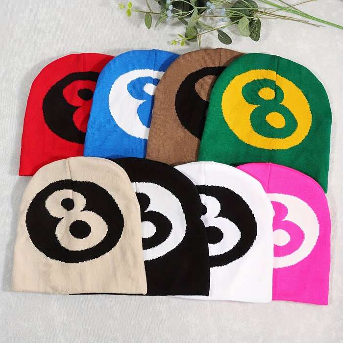 1pc Unisex Knitted Beanie Hat Billiard Black 8 Ball Design Warm Autumn Winter Outdoor Streetwear