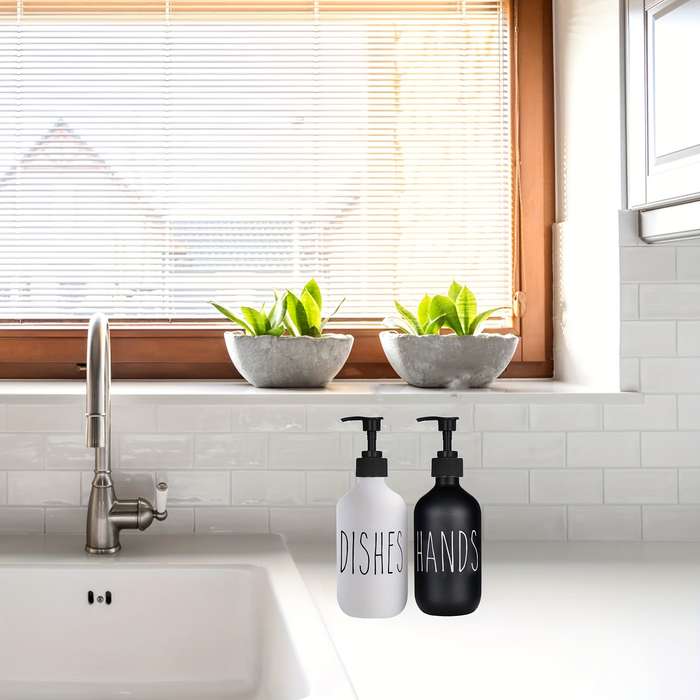 Plastic Soap Dispenser SetContains Black Hand Soap Dispenser and White Dish Soap Dispenser. Ki