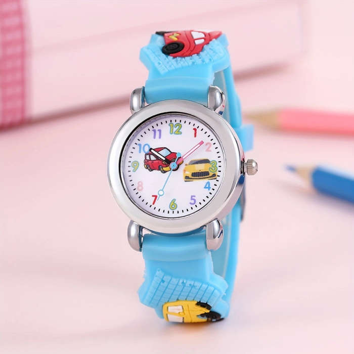 1pc Boys Girls Teen Cute Car Print Round Dial Quartz Watch For Gift Daily Life Color sent randomly