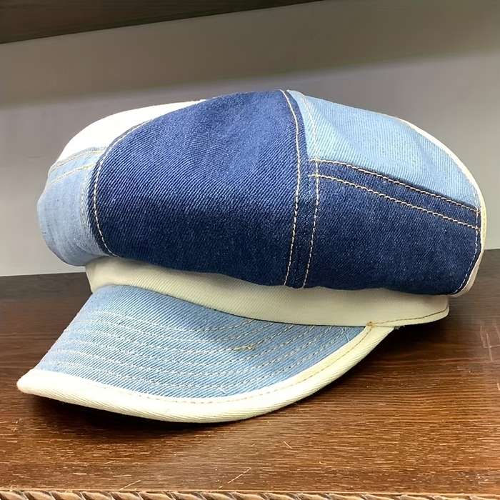 1pc Blue Denim Patchwork Newsboy Hat Classic 8 Panels Newsboy Cap Cabbie Hats Unisex Octagonal Cap