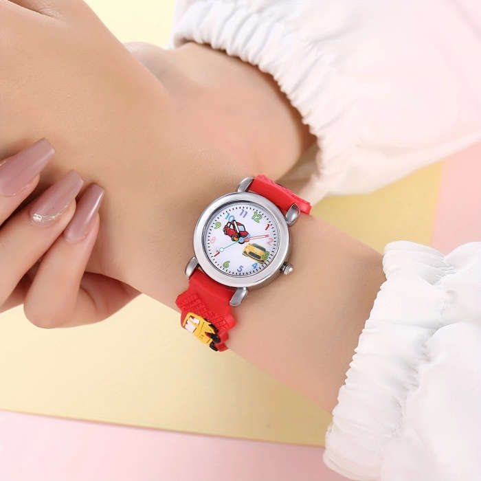 1pc Boys Girls Teen Cute Car Print Round Dial Quartz Watch For Gift Daily Life Color sent randomly