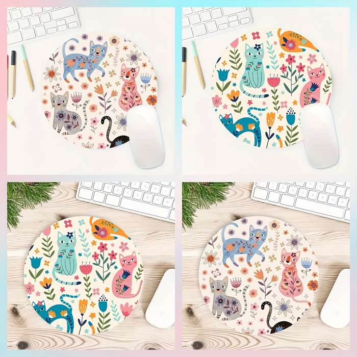 1pc Cartoon Cat Mouse Pad Cool Design For Women And Man Round Mousepad Non-slip Rub