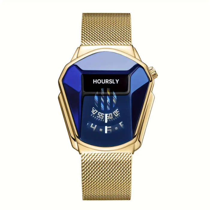 Simple Gold Snake Head Quartz Watch Gold And Blue Mesh Strap