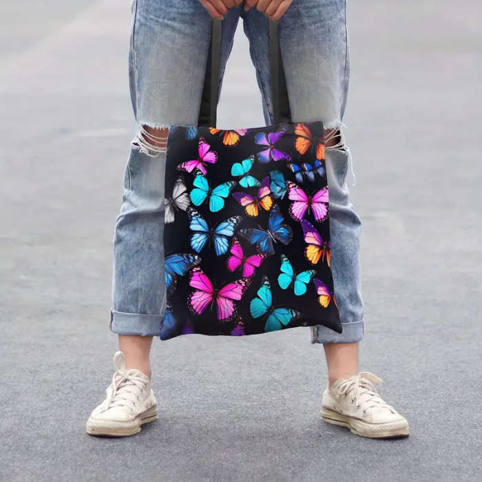 1pc Chic Butterfly Print Canvas Tote Bag Large Capacity Durable Washable Shoulder Bag for Women Perf