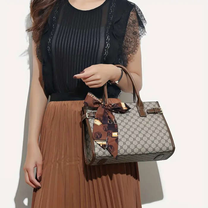 3 Pcs Classic Elegant Bag Set Retro Geometric Pattern Tote Bag With Scarf Decor Buckle Decor Square