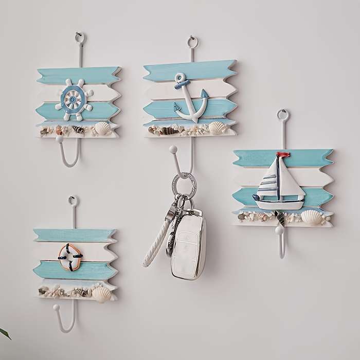 1pc Nautical Wooden Key HookWall Mounted Storage Organizer with Easy InstallMulti-functional H