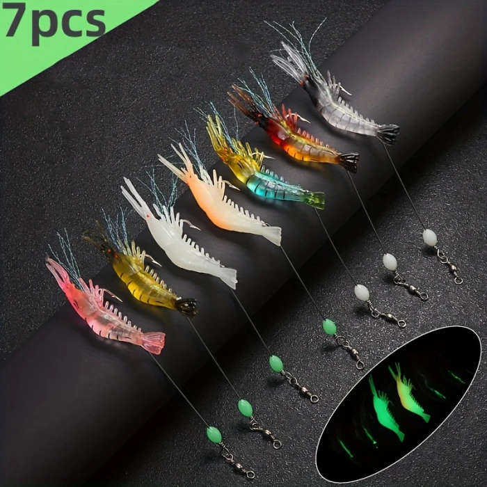 7pcs Luminous Shrimp Soft Lure Glow in the Dark Fishing Lure with Hooks Swivels 8cm 3.15inch  5g