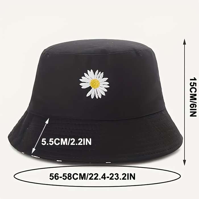 1pc Daisy Graphic Reversible Bucket Hat Black Trendy Breathable Basin Hats Lightweight Sunscreen Fi
