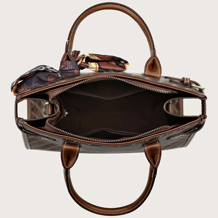 3 Pcs Classic Elegant Bag Set Retro Geometric Pattern Tote Bag With Scarf Decor Buckle Decor Square