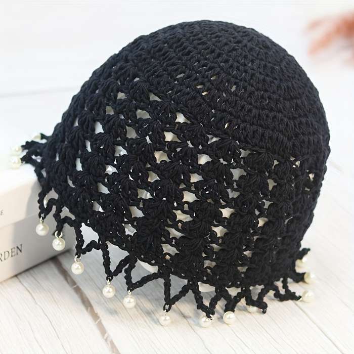 1pc Elegant Hollow Out Crochet Beanie Vintage Beaded Tassel Solid Color Knit Hats Lightweight Skull