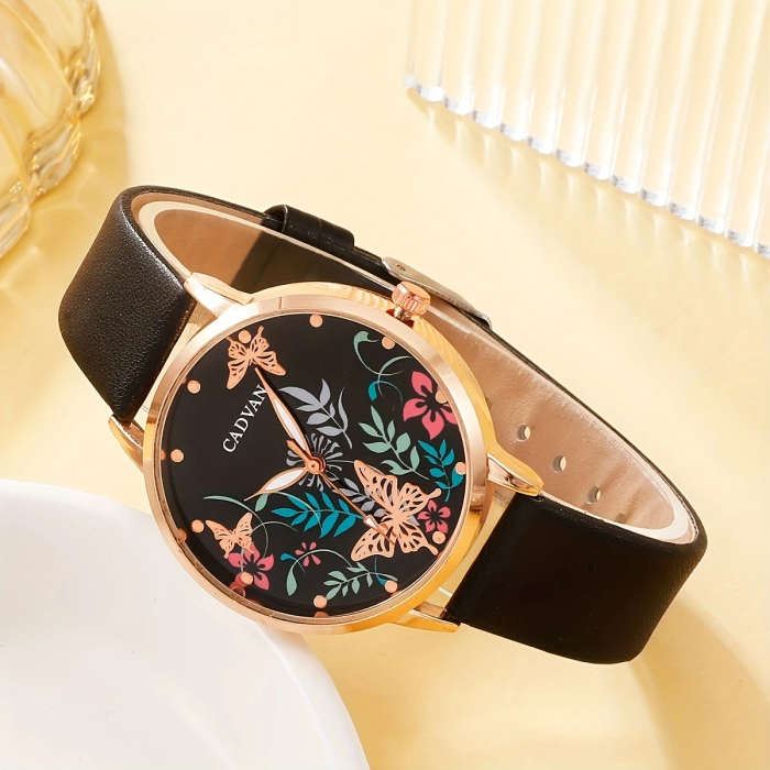 1pc Women's Elegant Butterfly Quartz Watch Rose Golden Case Black Synthetic Leather Strap Colorful F