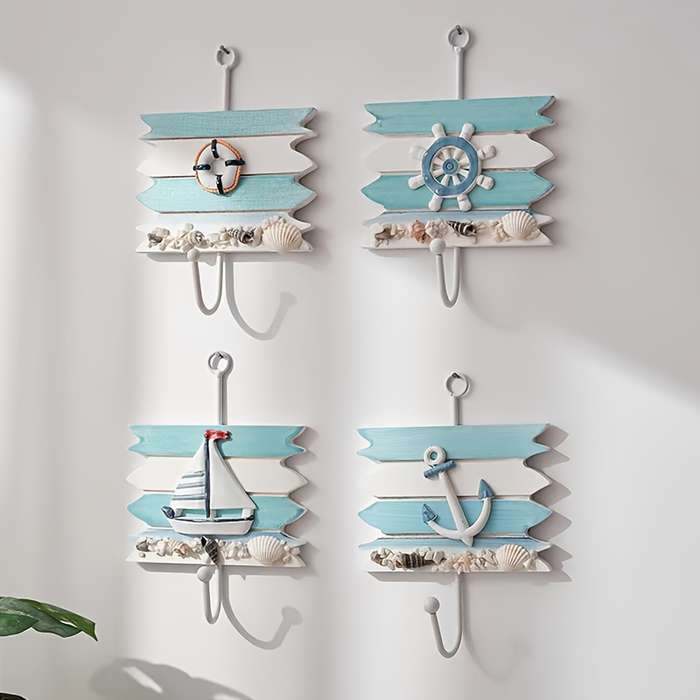 1pc Nautical Wooden Key HookWall Mounted Storage Organizer with Easy InstallMulti-functional H