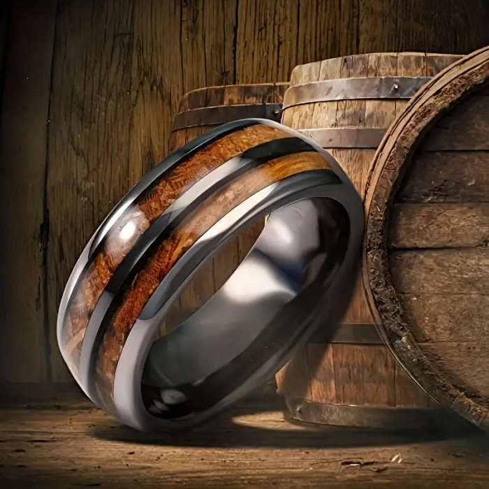 Barrel Gunmetal Stainless Steel Ring with Wood Grain Inlay
