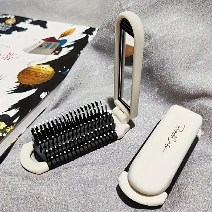 1pc Portable Folding Hair Brush with Mirror Anti-Static Drawable Mirror-Mini Travel Size Durable ABS