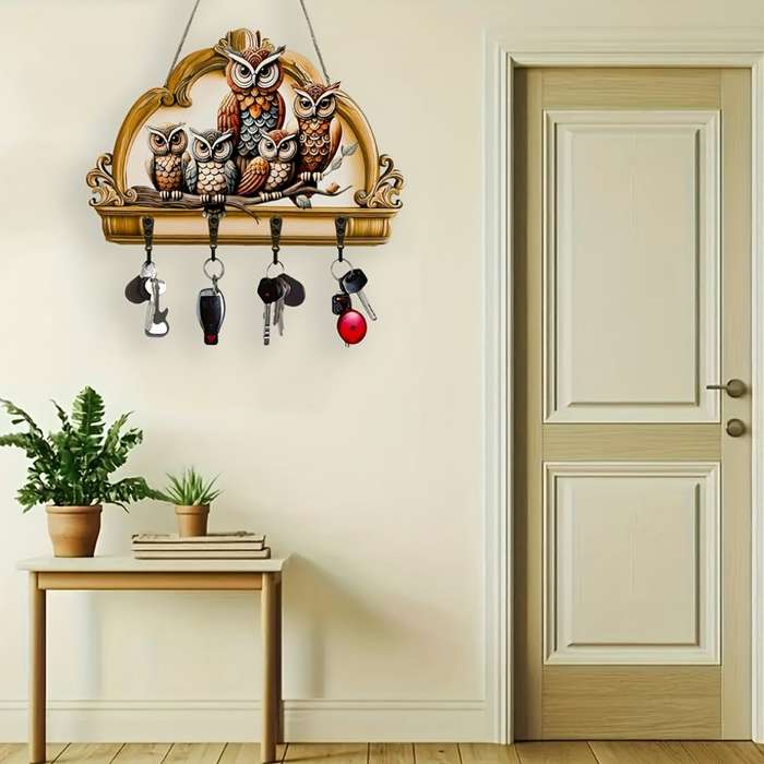 1pc Owl  Floral Wooden Key Hanger with Four Metal HooksColorful Traditional Design for Home Wa