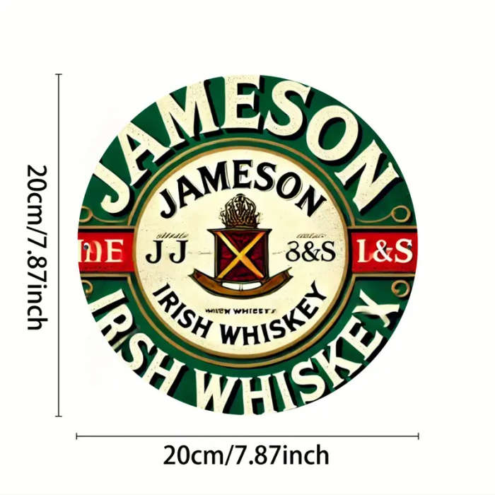1pc Vintage Irish Whiskey Metal Wall Sign 20.32x20.32cm Round Aluminum Art Durable Weather-Resistant