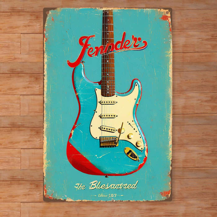 1pc 2D Flat  Vintage Fender Guitar Metal Wall Art 20.32x30.48 cm Retro Poster with Fender