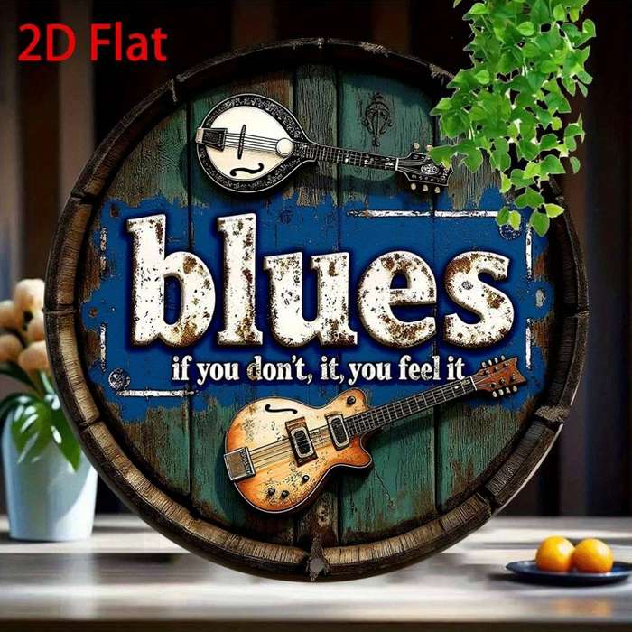 1pc Vintage Blues Music-Inspired 20.32x20.32 cm Metal Sign Rustic Blue Guitar Accordion Wall Ar