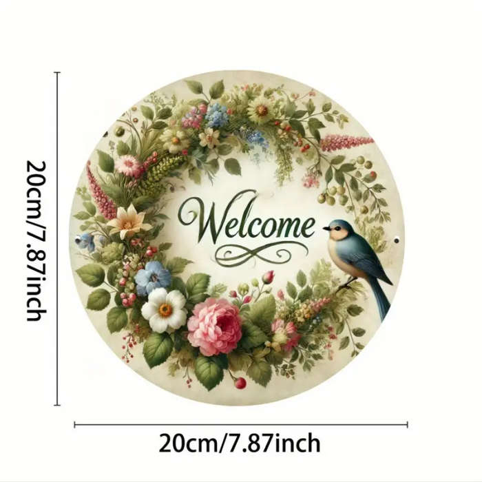 1pc Floral Wreath Welcome Sign Metal Plaque 19.81 cm Decorative Iron Wall Art with Spring Bird Round