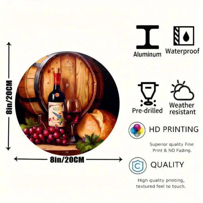 1pc Bottle of Wine And a Glass of Red Wine Next to a Wreath Sign 8X8 Inch 20Cmx20Cm Round Aluminum S