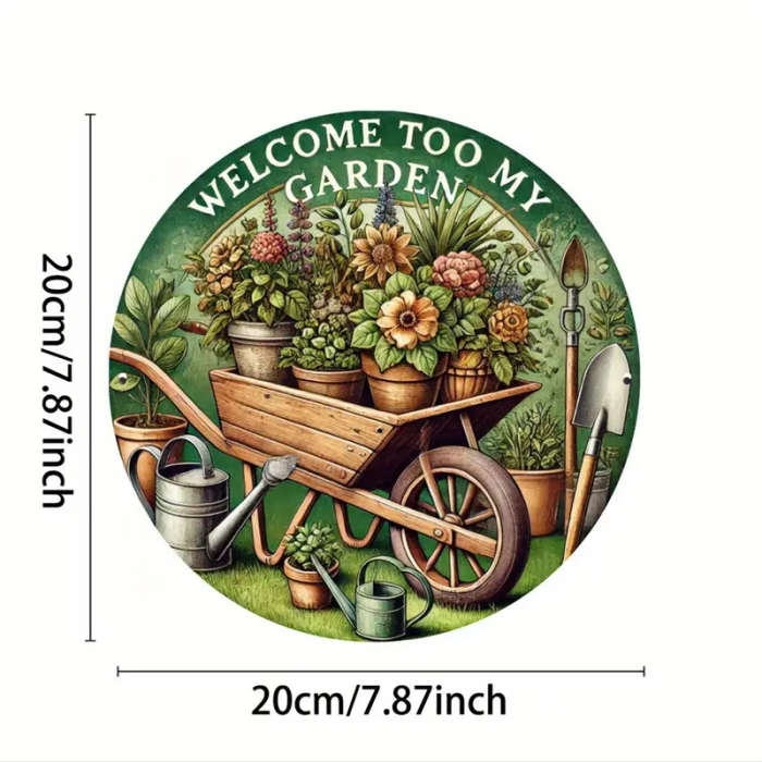 1pc Iron Garden Welcome Sign Plaque 19.81cm Round 2D Flat Printed Metal Sign for Home Decor Welcome