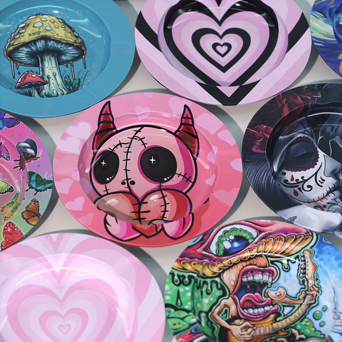 1pc Round Iron Ashtray with Various Patterns Portable High-End Ashtray for Travel Home Outdo