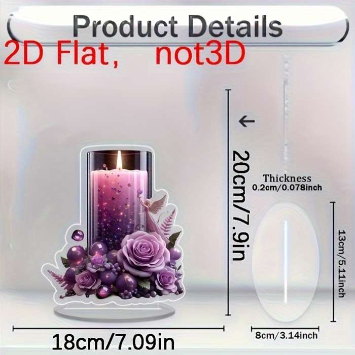 1pc 2D Flat  Purple Acrylic Candle Decor with Angel Roses Romantic  Design for Home Offi