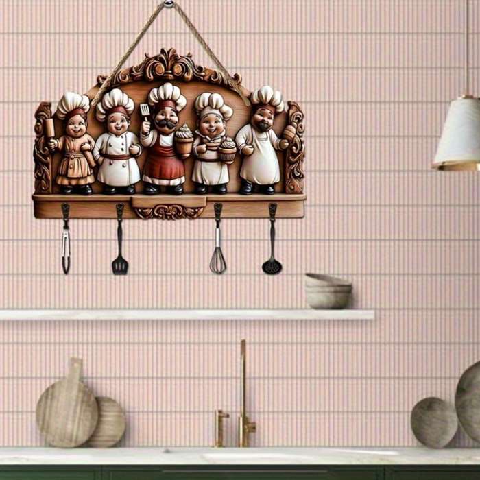 1pc Happy Chef Family Wooden Key HolderVintage Style Wall-Mounted Decor with Four Metal Hooks 2D
