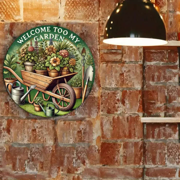 1pc Iron Garden Welcome Sign Plaque 19.81cm Round 2D Flat Printed Metal Sign for Home Decor Welcome