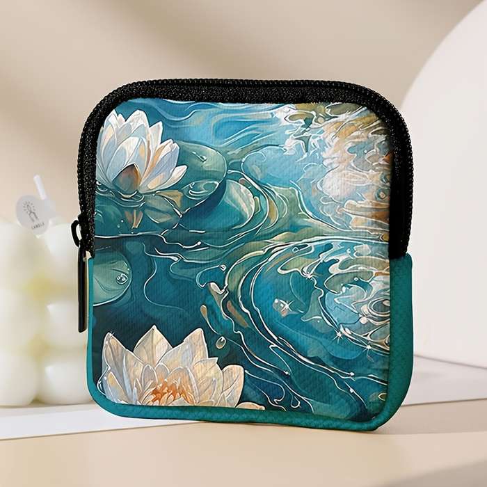 1pc 1pc for Lotus Pattern Printed Coin Purse with Buckle and Zipper Pocket Multifunctional Storag
