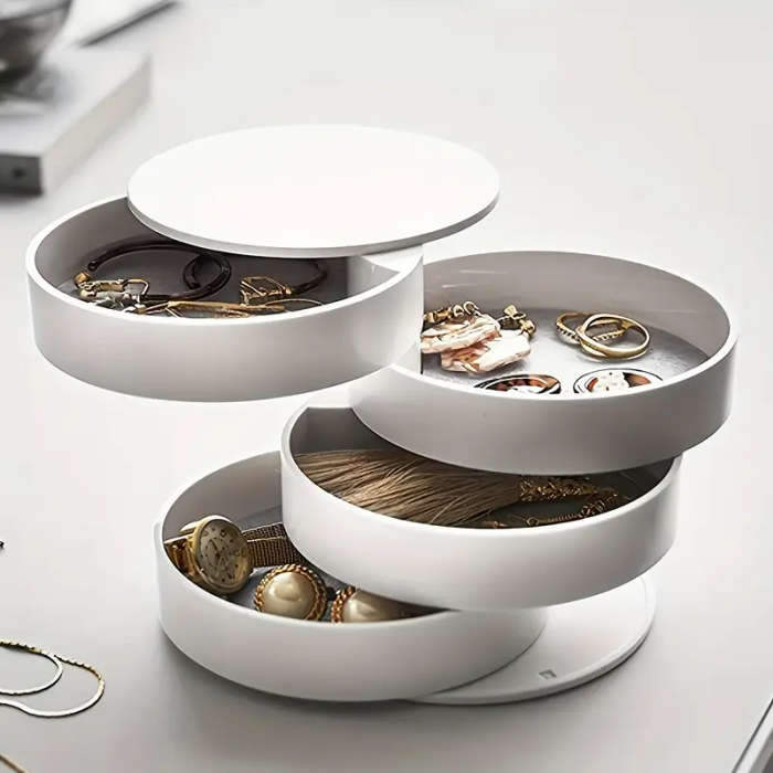 1pc Glam Style Rotating Jewelry Organizer Multi-Layer Tabletop Storage with Lid Round Plastic Deskto