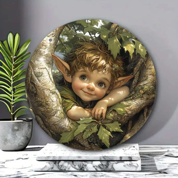 1pc Round Wooden Sign with Big Eyes Elf Design Long Ears Fairy Emblem Cute Girl Decor Scenic Christm