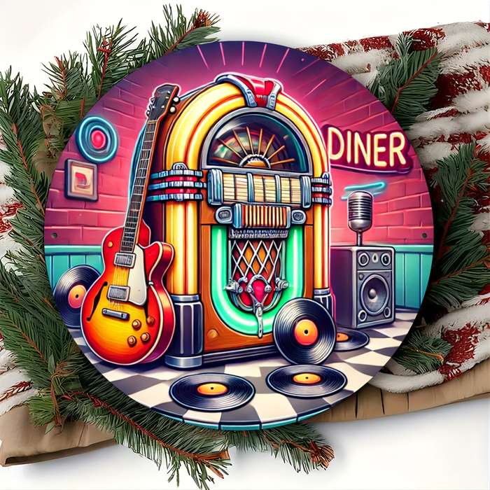 1pc Vintage Jukebox Metal Wall Art 19.81cm Aluminum Round Decor with Guitar Records Retro Dine