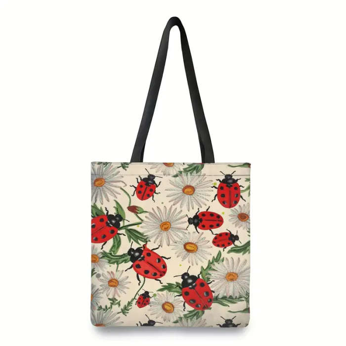 1pc Ladybugs With Daisies Pattern Canvas Tote Bag Large Women Casual Shoulder Bag Handbag Reusable M
