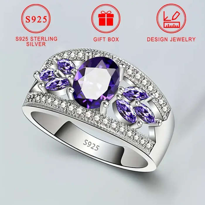 925 Silver Ring, Set with Sparkling Purple Cubic Zirconia