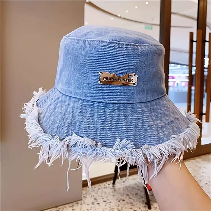 1pc Stylish Denim Bucket Hat with Letter Label Lightweight Versatile and Elastic Fisherman Hat
